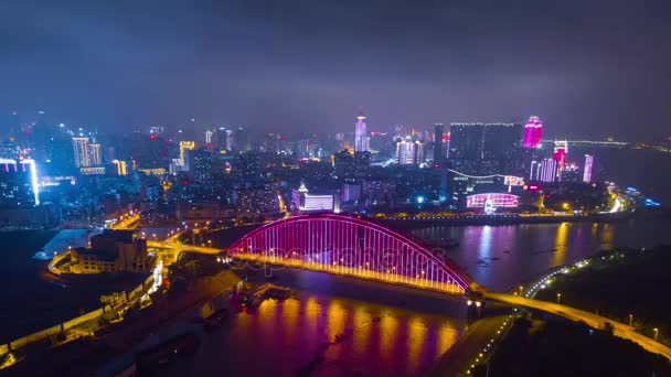 Nachts Verlicht Wuhan Stadsgezicht Luchtfoto Panorama China — Stockvideo