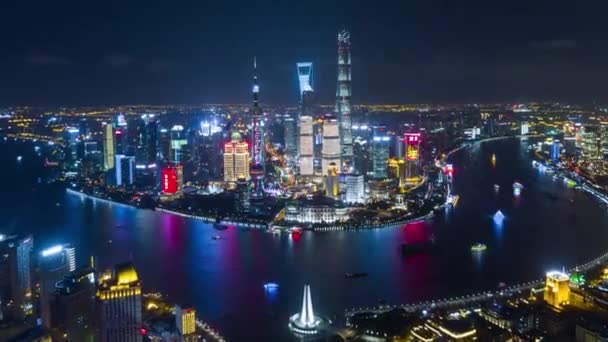 Nacht Verlicht Beroemde Shanghai Pudong Skyline Luchtfoto Panorama China — Stockvideo