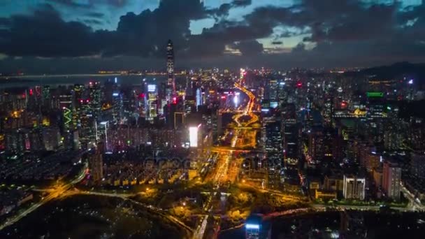 Noite Iluminado Famoso Shanghai Pudong Cityscape Aéreo Panorama China — Vídeo de Stock