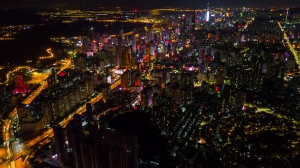 Noite Iluminado Famoso Shanghai Pudong Cityscape Aéreo Panorama China — Vídeo de Stock