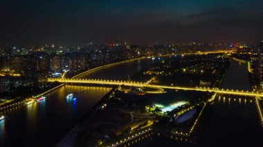 Gece vakti Guangzhou Endüstriyel Şehir Havası Panoraması. 4k zaman dilimi Çin porseleni