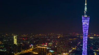 Gece vakti Guangzhou Endüstriyel Şehir Havası Panoraması. 4k zaman dilimi Çin porseleni