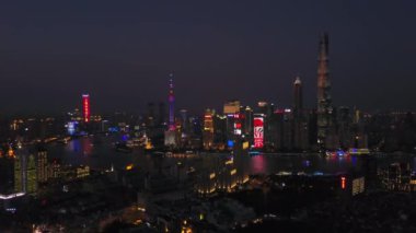 gece ışıklı ünlü cityscape hava panorama 4 k Çin shanghai
