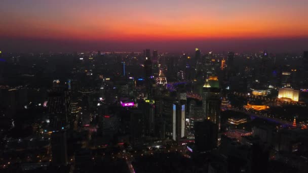 Notte Illuminato Paesaggio Urbano Shanghai Panorama Aereo Porcellana — Video Stock