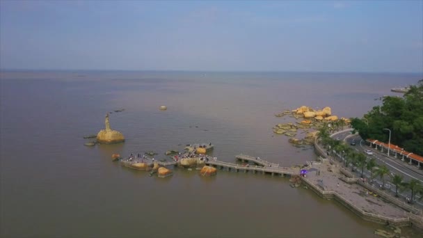 Giornata Sole Zhuhai Città Spiaggia Zona Relax Pescatore Ragazza Monumento — Video Stock