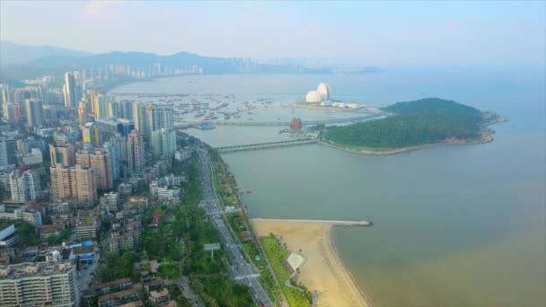 China noche tiempo iluminado zhuhai ciudad tráfico calle cruce antena panorama 4k lapso de tiempo — Vídeos de Stock