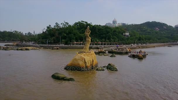Day Time Zhuhai Cityscape Fisher Girl Monument Bay Panorama China — Stock Video