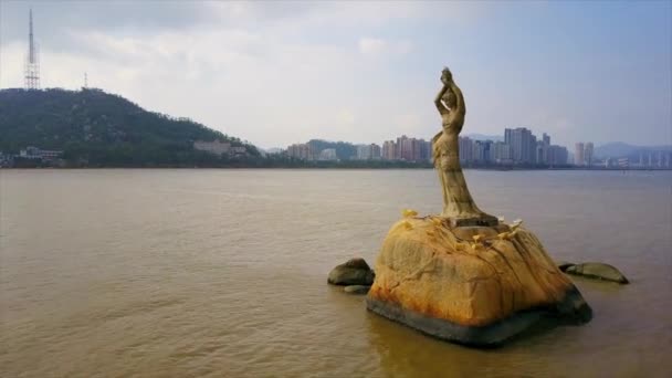 Giorno Zhuhai Paesaggio Urbano Ragazza Pescatore Monumento Baia Panorama Porcellana — Video Stock