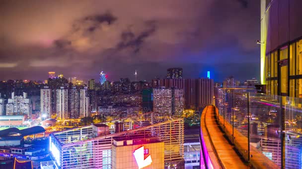 Luz Noche Iluminado Paisaje Urbano Macao Zhuhai Hotel Ciudad Terraza — Vídeo de stock