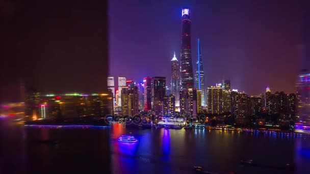 Işıklı Gece Shanghai Cityscape Hava Panorama Çin — Stok video