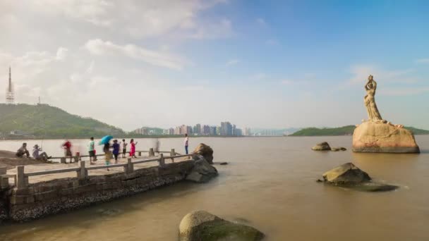 Dia Hora Zhuhai Cityscape Fisher Menina Monumento Baía Panorama Timelapse — Vídeo de Stock