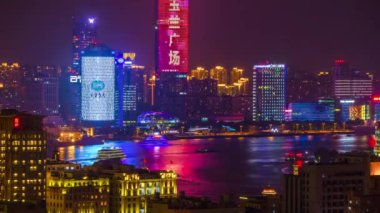 Işıklı gece shanghai cityscape hava panorama 4k Çin