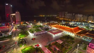 Çin gece ışıklı zhuhai şehir trafik sokak kavşak hava panorama 4k zaman atlamalı