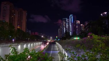 Çin gece ışıklı zhuhai şehir trafik sokak kavşak hava panorama 4k zaman atlamalı