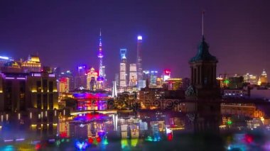 Işıklı gece shanghai cityscape hava panorama 4k Çin