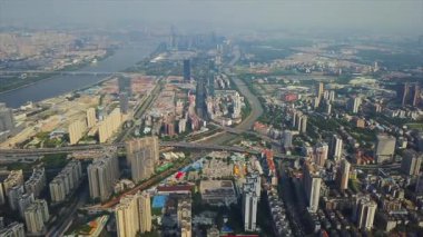 Gündüz vakti Guangzhou Endüstriyel Şehir Havası Panoraması. 4K Çin porseleni