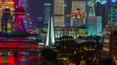 Gece saat timelapse trafik Şanghay '. Cityscape hava panorama 4k Çin