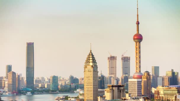 Evening Time Shanghai Cityscape Pudong Downtown Tops Bay Aerial Panorama — Stock Video