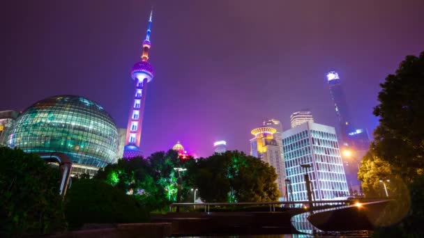 Paesaggio Urbano Shanghai Notte Pudong Centro Cime Baia Panoramica Aerea — Video Stock