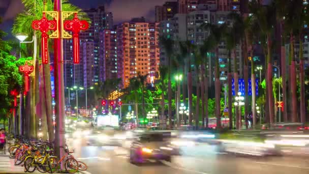 Chine nuit éclairée ville zhuhai circulation rue carrefour panorama aérien 4k laps de temps — Video