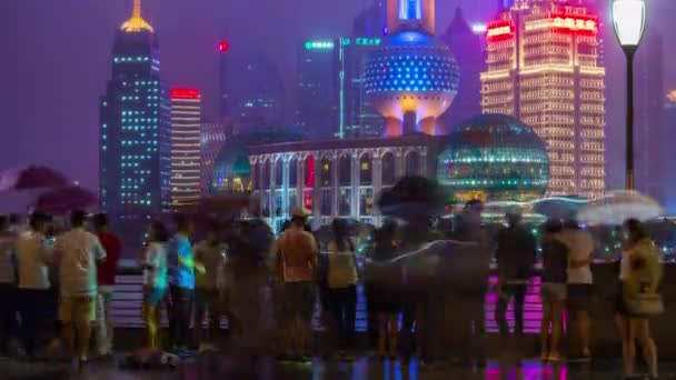 Nacht Shanghai Skyline Pudong Centrum Tops Baai Luchtfoto Panorama Beelden — Stockvideo