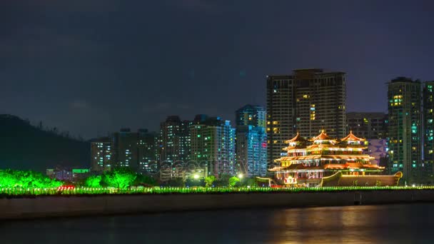 China noche tiempo iluminado zhuhai ciudad tráfico calle cruce antena panorama 4k lapso de tiempo — Vídeos de Stock