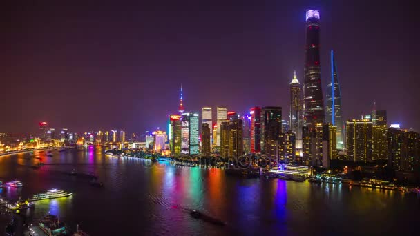 Nacht Beleuchtete Shanghai Stadtbild Luftbild China — Stockvideo