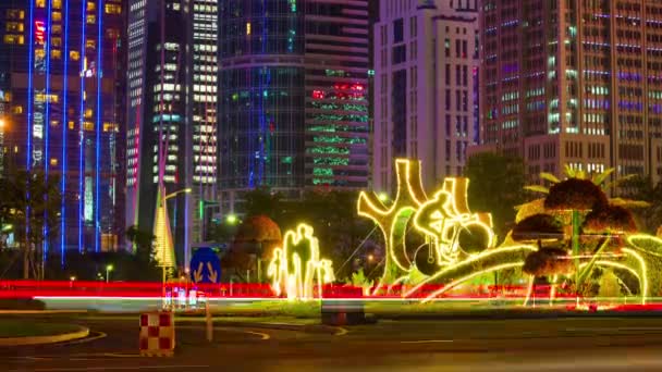 Noite Iluminado Famoso Shanghai Pudong Cityscape Tráfego Aéreo Timelapse Panorama — Vídeo de Stock