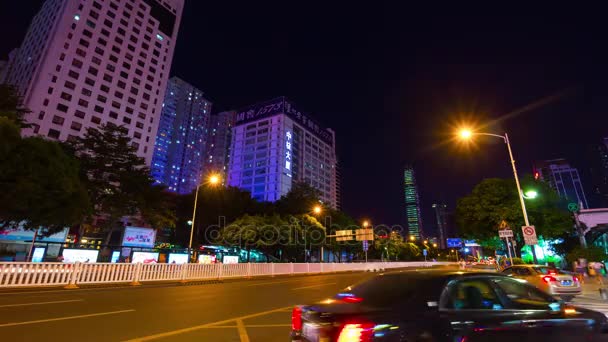 Natt Upplyst Berömda Shanghai Pudong Stadsbilden Antenn Trafik Timelapse Panorama — Stockvideo