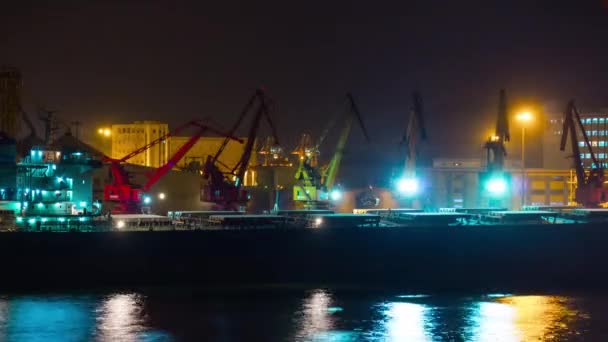 Puesta Del Sol Noche Iluminación Ciudad Trabajo Puerto Panorama Lapso — Vídeo de stock