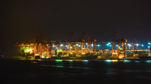 Puesta Del Sol Noche Iluminación Ciudad Trabajo Puerto Panorama Lapso — Vídeos de Stock