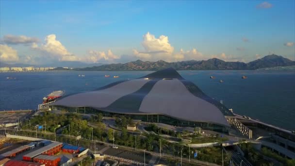 Journée Ensoleillée Shenzhen Shekou Croisière Centre Toit Baie Panorama Aérien — Video