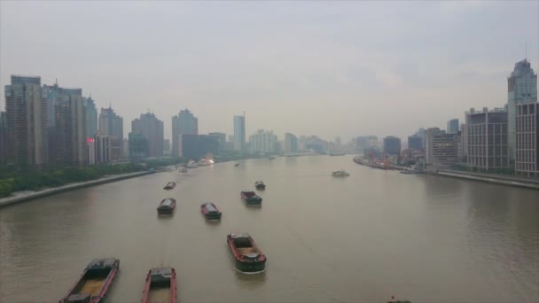 Kvällstid Shanghai Stadsbild Pudong Centrum Toppar Bay Antenn Panorama Porslin — Stockvideo