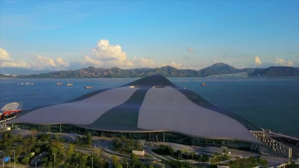 Dia Ensolarado Shenzhen Shekou Cruzeiro Centro Telhado Baía Aérea Panorama — Vídeo de Stock