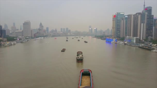 Kvällstid Shanghai Stadsbild Pudong Centrum Toppar Bay Antenn Panorama Porslin — Stockvideo