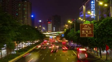 Gece saat Guangzhou cityscape Rating hava panorama. 4 k timelapse görüntüleri Çin