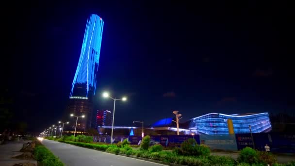 Čína noční osvětlená zhuhai dopravní křižovatka ulic letecké panorama města 4k časová prodleva — Stock video