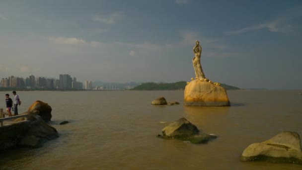 Dia Hora Zhuhai Cityscape Pescador Menina Monumento Baía Panorama Com — Vídeo de Stock