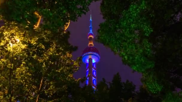 Ночной Освещенный Знаменитый Шанхай Городской Пейзаж Воздушной Панорамы Китай — стоковое видео