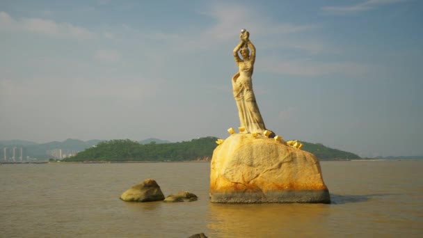 Giorno Zhuhai Paesaggio Urbano Ragazza Pescatore Monumento Baia Panorama Porcellana — Video Stock