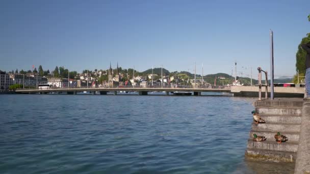 Let Nad Luzernem Město Riverside Letecké Panorama Švýcarsko — Stock video