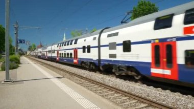İsviçre güneşli gün Zürih şehir tren yol yolculuk yolcu pencere Panoraması 4k