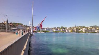 Luzern şehir merkezinin üzerinden uçuş nehir kenarı panorama 4k