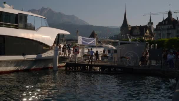 Vlucht Boven Luzern City Stadsverkeer Luchtfoto Panorama Beeldmateriaal Zwitserland — Stockvideo