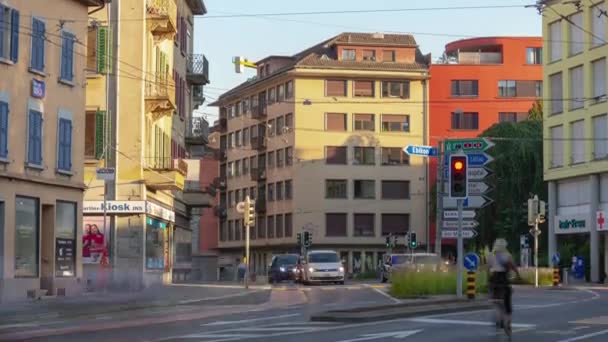 Flug Über Luzern City Stadtverkehr Luftpanorama Zeitraffer Filmmaterial Schweiz — Stockvideo