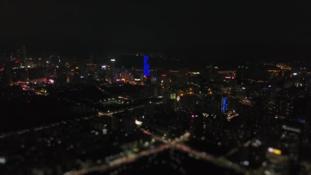 Porselein Nacht Shenzhen Verlicht Stadsgezicht Luchtfoto Panorama — Stockvideo