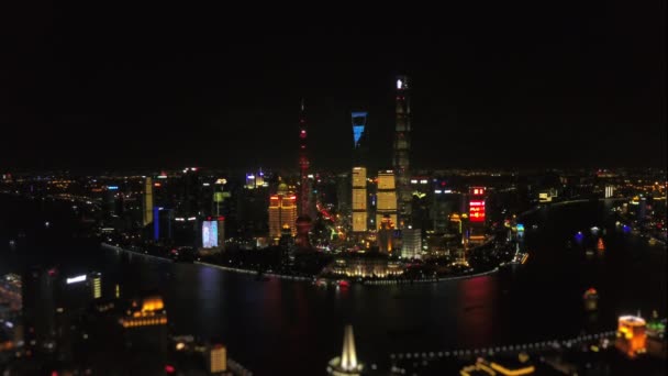 Natt Shanghai Stadsbild Pudong Downtown Toppar Bay Antenn Panorama Film — Stockvideo