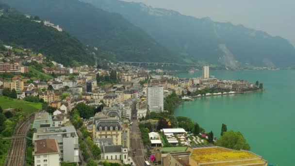 Día Soleado Montreux Lago Lado Panorama Metraje Suiza — Vídeo de stock