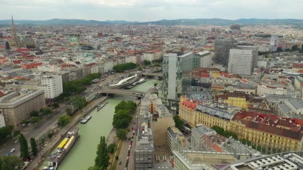 Vienna Riverside Day Time Central Streets Aerial Panorama Austria — 비디오