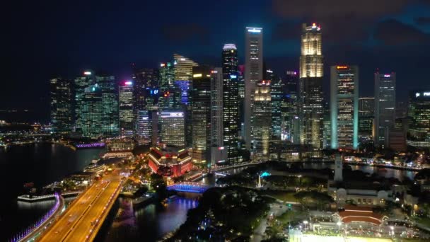 Cingapore Novembro 2019 Vista Panorâmica Noturna Centro Singapura Através Marina — Vídeo de Stock